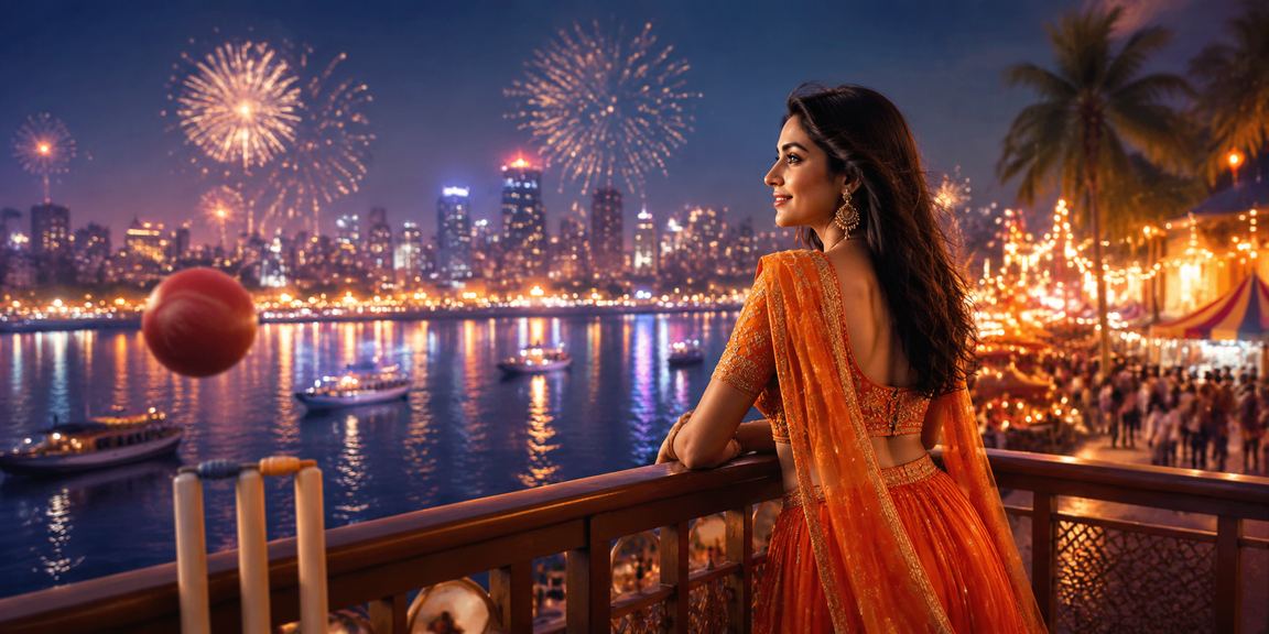 Vibrant Indian night market with cricket and sports betting fans