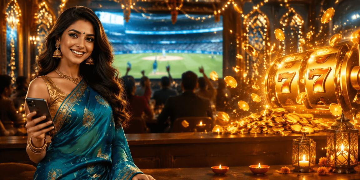 Woman in saree watching live cricket betting online
